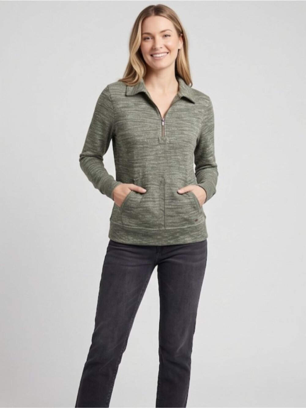 Roots Olive Green Heathered Quarter-Zip Collared Long Sleeve Top